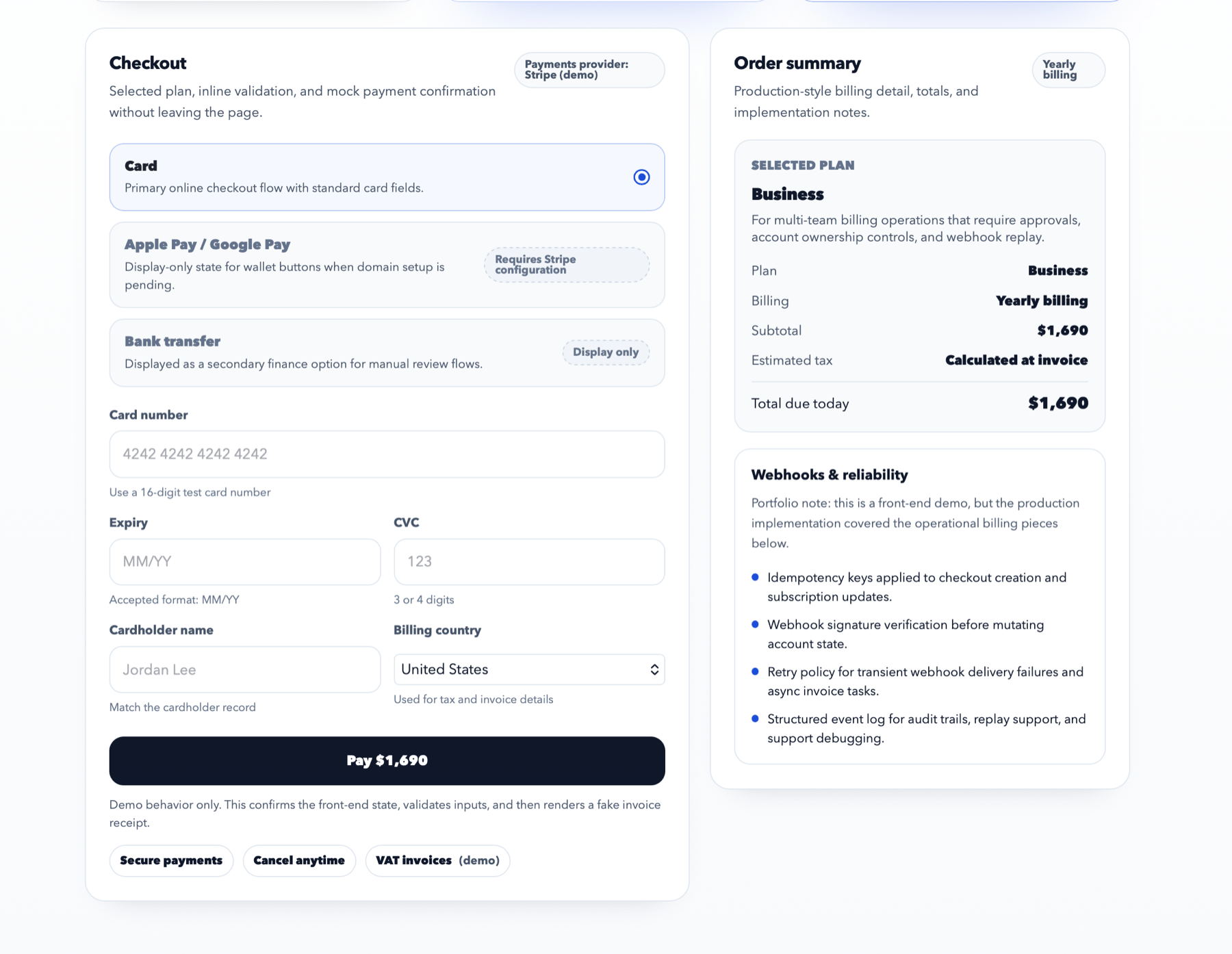 Billing checkout interface