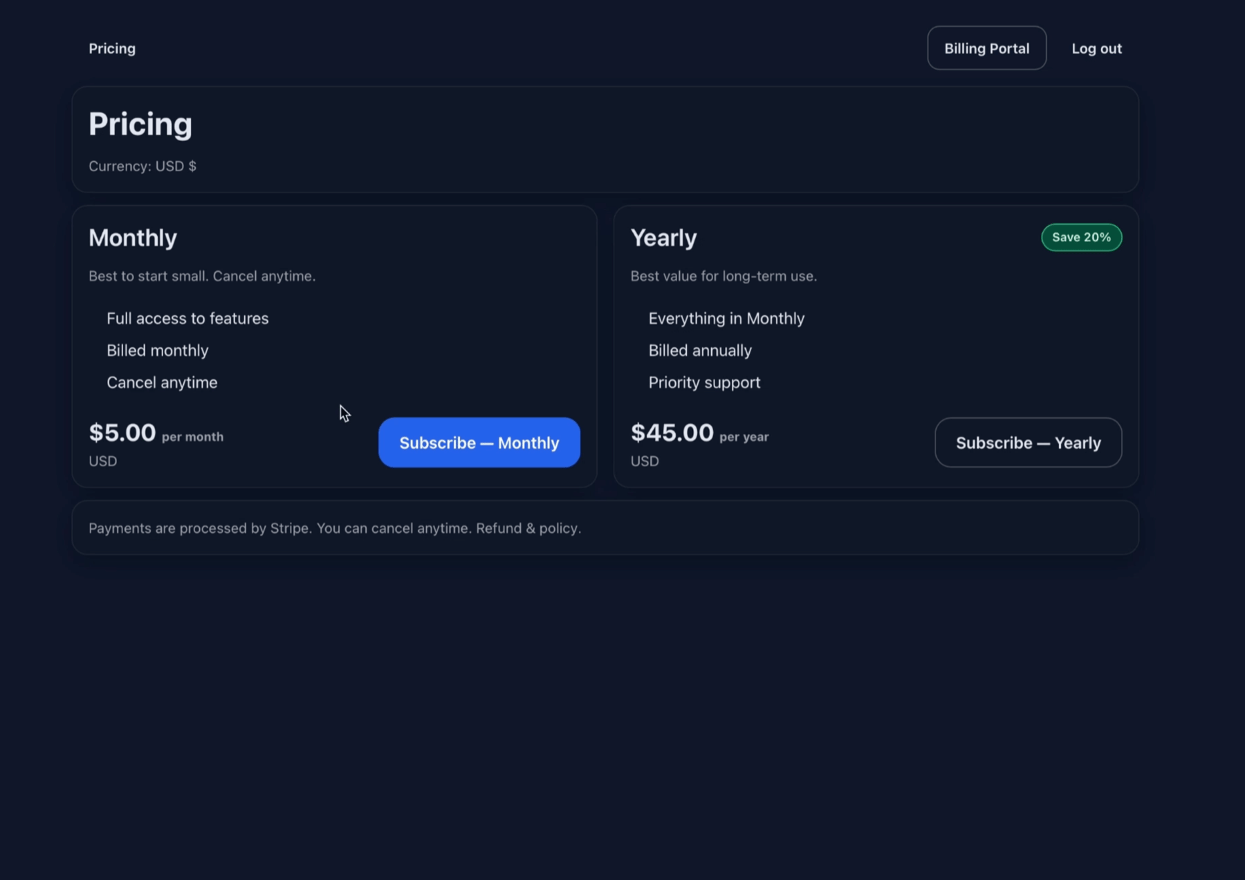 Dark pricing portal interface