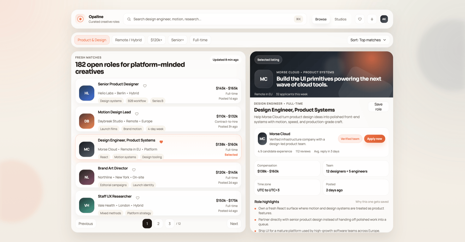 Creative roles marketplace interface