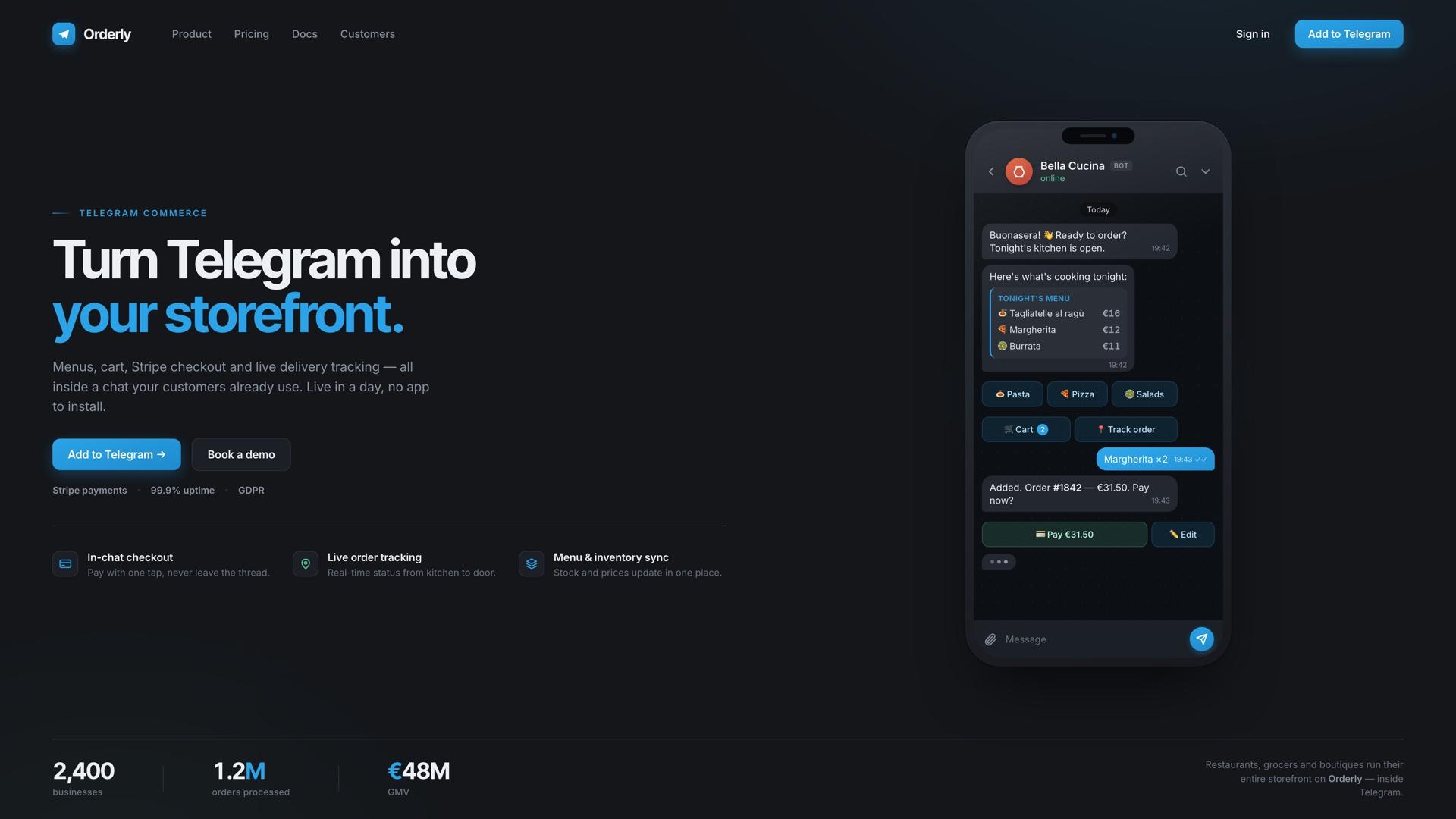 Orderly Telegram commerce bot landing with phone mockup